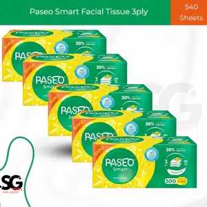 ( 5 Pack ) Paseo Paket 5 Pack Smart Tisu Wajah 3ply 540 Lembar Premium Soft 30% Lebih Lembut & Tebal Membersihkan Kotoran Minya
