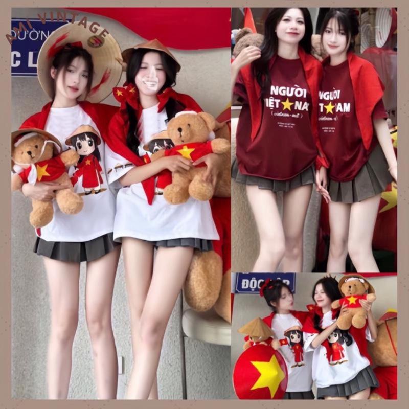 ĐỦSIZE 38-75Kg TẶNG KHĂN Set Áo Phông Nam Nữ In Hình Kèm Chân Váy Tặng Khăn Cờ Đỏ Sao Vàng