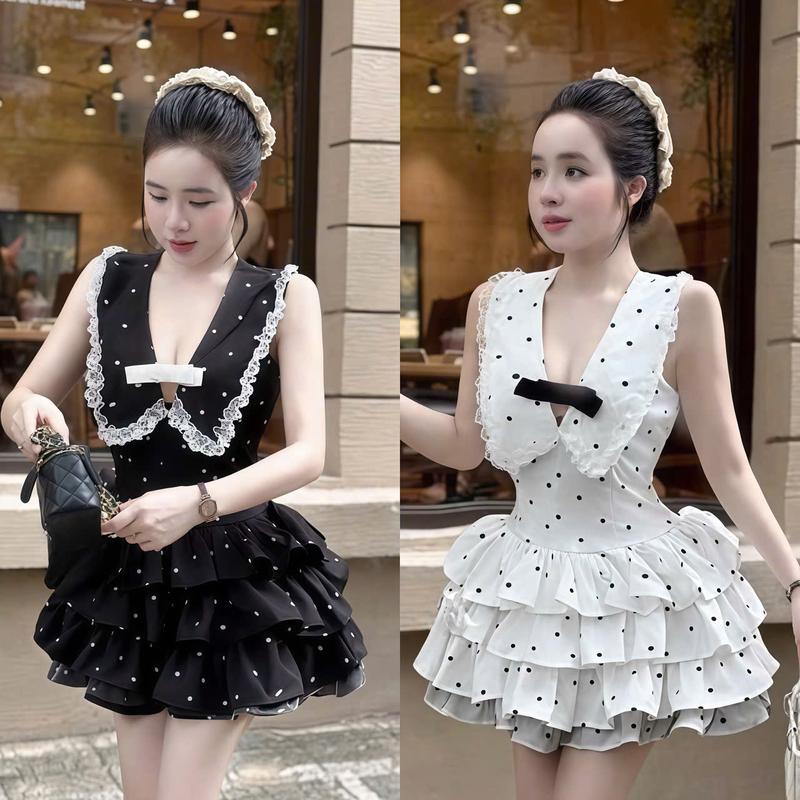 Đầm váy nữ cổ tiểu thư chấm bi đính nơ viền ren phối tùng xòe tầng ( có quần rời ) xinh xắn, dễ thương phù hợp cho các nàng diện đi tiệc, đi chơi