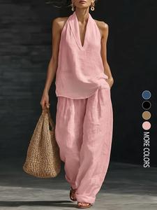 Conjunto de mujer para verano: top sin mangas con cuello en V y pantalón de pierna ancha, ideal para vacaciones casuales, conjunto de dos piezas en color sólido, cómodo y elegante