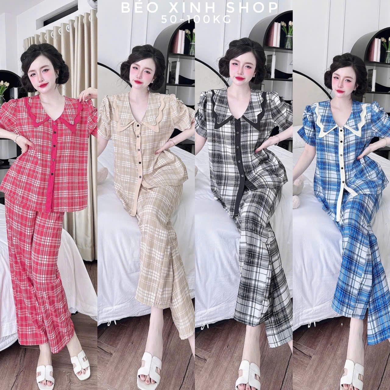 Đồ Bộ Pijama Bigsize Nữ Tay Ngắn Cổ Sen Họa Tiết Caro Vải Lụa Nhật Từ 50 - 100Kg - A.5408