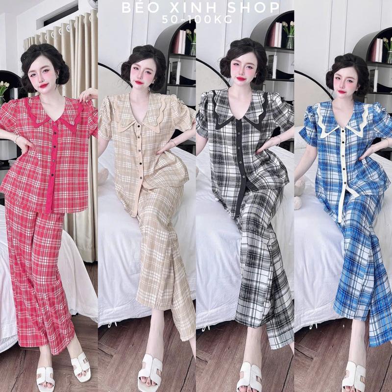  Đồ Bộ Pijama Bigsize Nữ Tay Ngắn Cổ Sen Họa Tiết Caro Vải Lụa Nhật Từ 50 - 100Kg - A.5408 