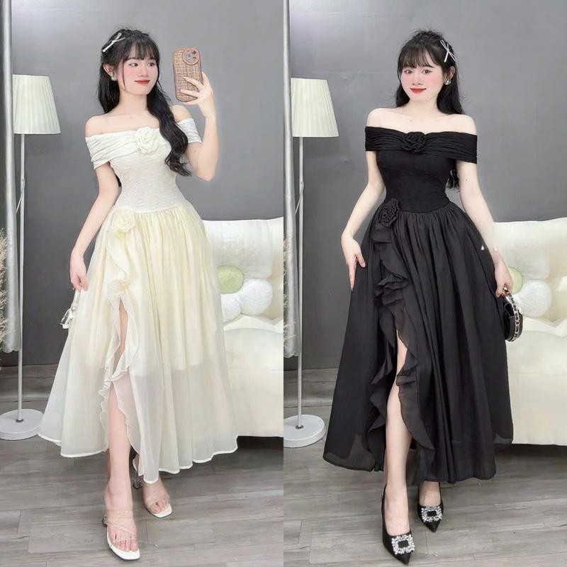 D856 (TÁO ĐỎ BIGSIZE 55-90KG) ĐẦM BIGSIZE ĐẦM TRỄ VAI ĐÍNH HOA DÁNG DÀI XẺ ĐÙI