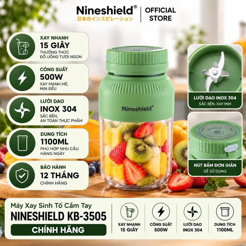 MÁY XAY SINH TỐ CẦM TAY NINESHIELD KB-3505 CHUẨN DUNG TÍCH 1100L, CÔNG SUẤT 500W, LƯỠI DAO INOX 304