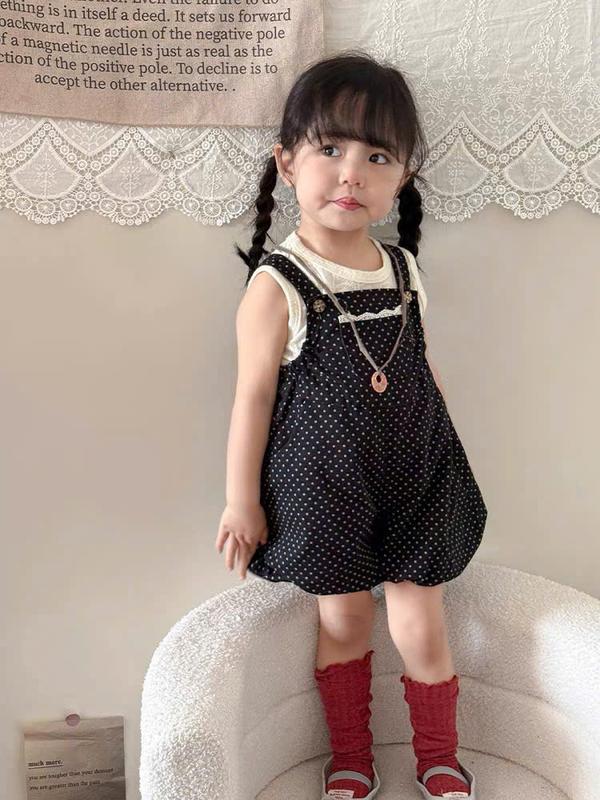 (Bon Kids) Set Yếm Chấm Bi Mix Áo Trắng Phong Cách Hàn Quốc Cho Bé Gái 6-18kg