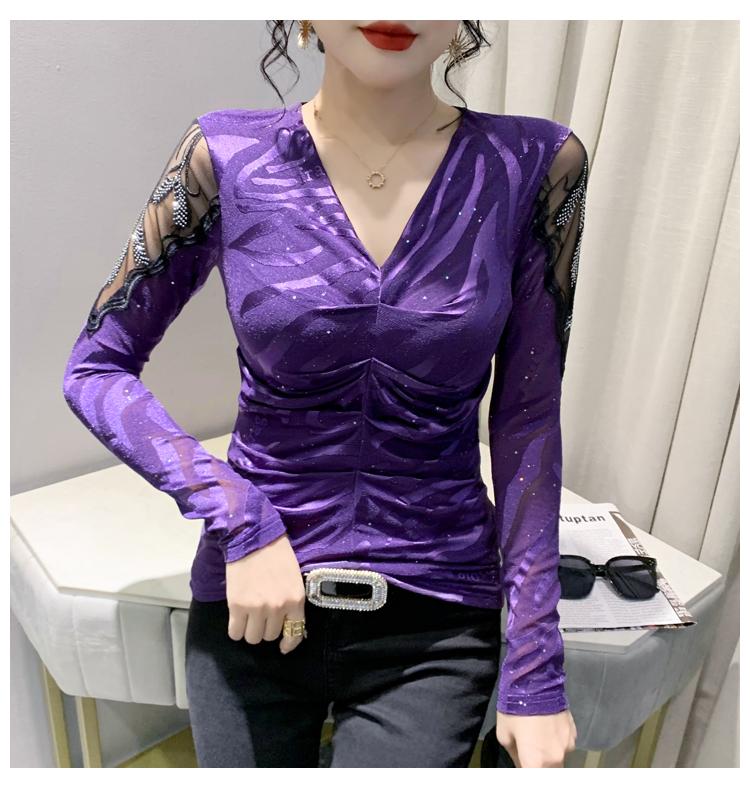 Product Introduction of FCBF-Áo lưới kim cương rỗng thời trang mới gợi cảm cổ chữ V dài tay quần lót thời trang nữ thu đông Top Voi Shirt Kem Women 9