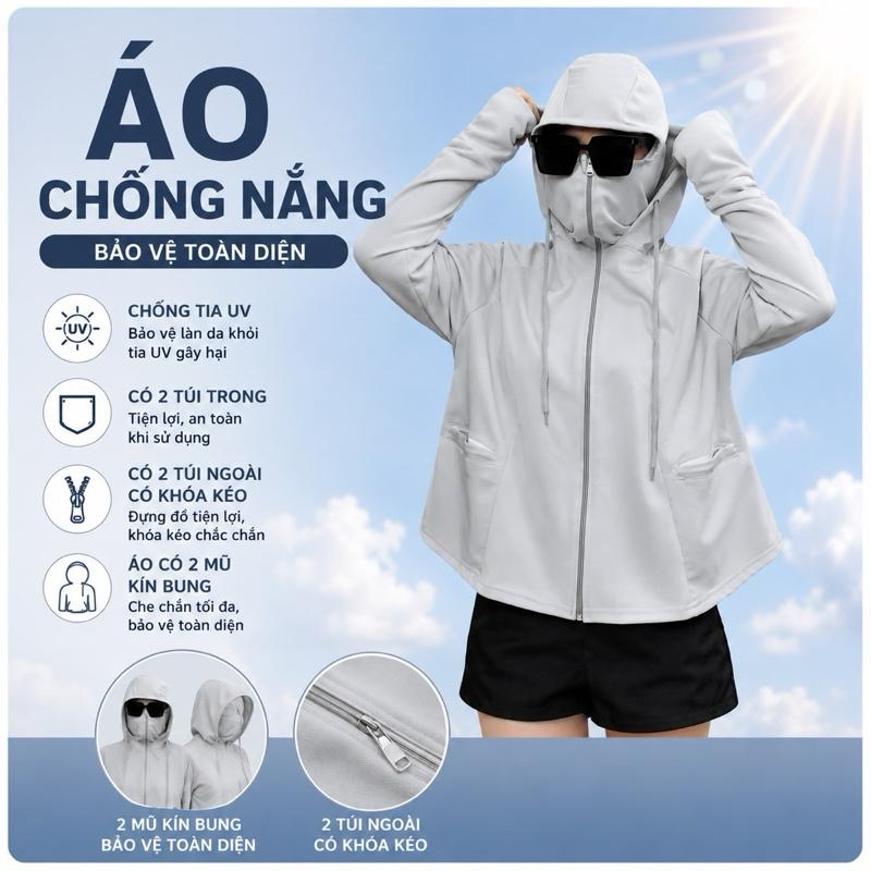 [Túi Có Khoá Kéo - Có Túi Trong - Tặng Kính] Áo chống nắng nữ 2 Mũ Vải 1 Lớp - 4 Túi phiên bản mới, thiết kế 2 Túi ngoài có Khoá Kéo, Chất Poly Hàn Lạnh thoáng mát chống nắng chống tia UV
