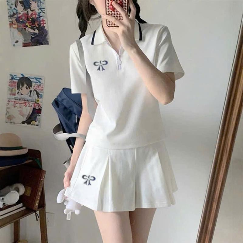 Bộ đồ thể thao nữ mùa hè tay ngắn áo thun polo chân váy thêu nơ hàng QC cao cấp - LIT.GOLDEN