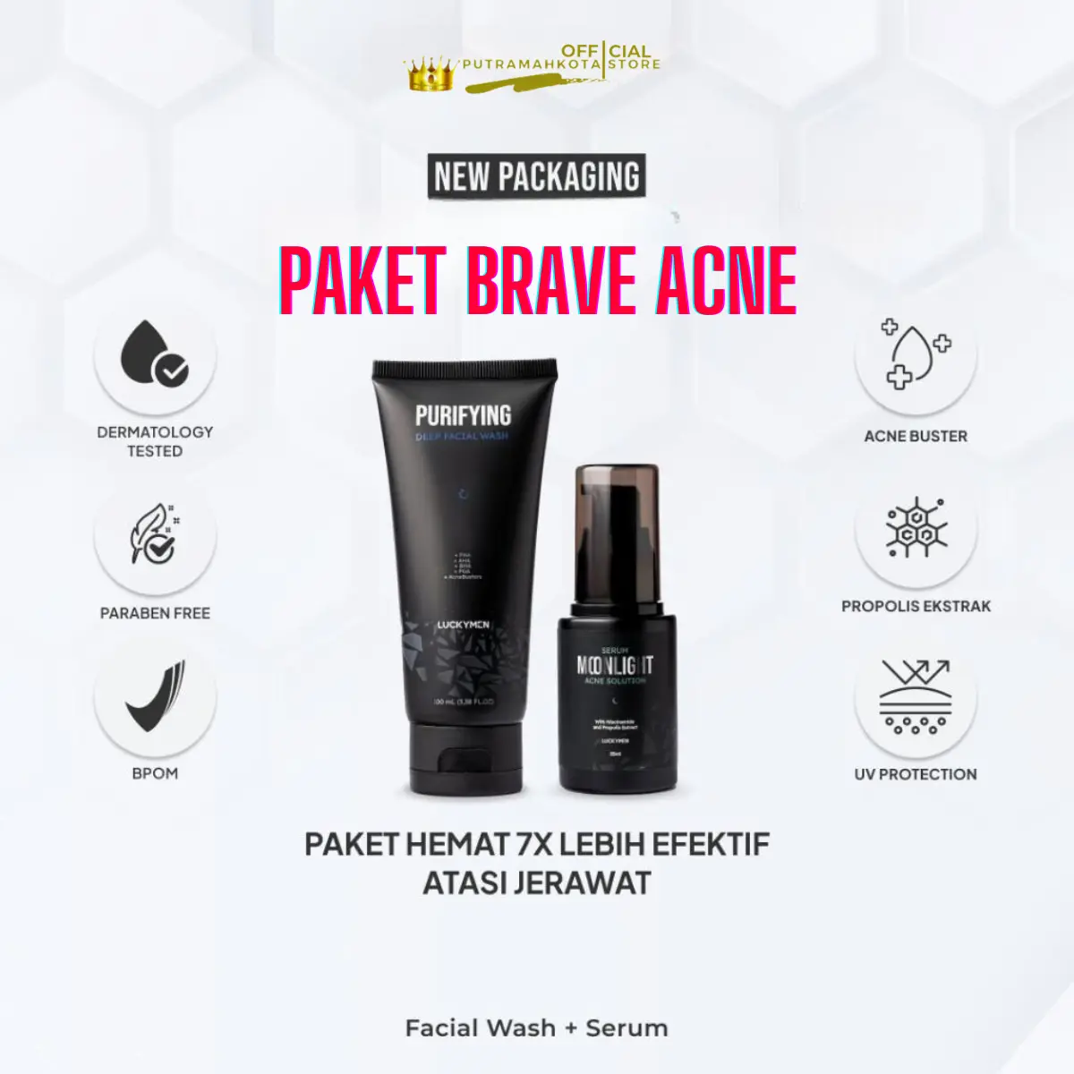 Paket Brave Acne Luckymen Serum Moonlight Acne Solution + Purifyng Deep Facial Wash Mencerahkan Muka Pembersih Wajah Pencerah Kulit Hitam Kusam Mengatasi Jerawat Menghilangkan Bekas Merah Pria