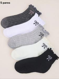 Calcetines de tripulación de mujer con moño de encaje de color mixto, calcetines casuales transpirables de corte bajo, estilo simple que absorbe la humedad para todas las estaciones