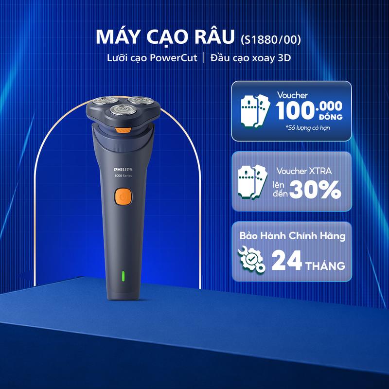 Máy Cạo Râu Khô Và Ướt PHILIPS S1880/00, Cạo Êm Ái, Đầu Cạo Xoay 3D, Bảo Hành 24 Tháng