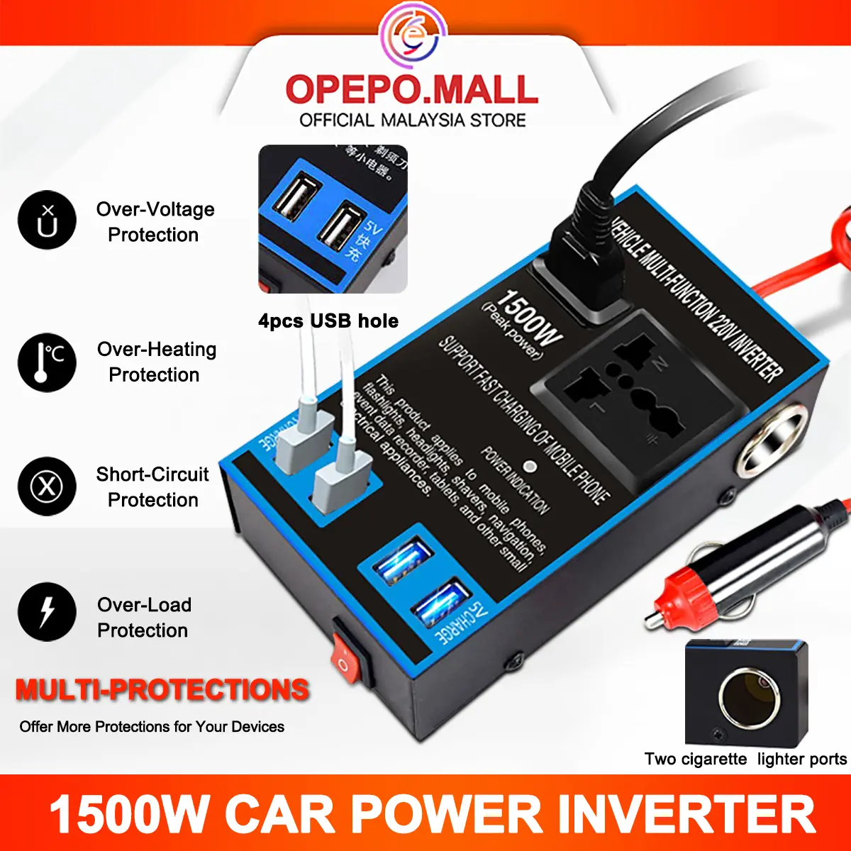 【Ready Stock】1500W Car Power Inverter 12V/24V to 220V Universal Power Adapter Socket Plug Converter with USB Port Travel Charging phdmy