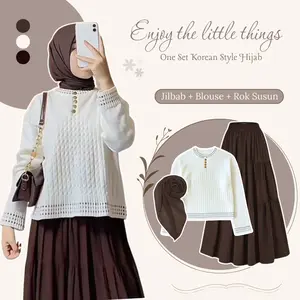 One Set 3in1 Cewek Kekinian ( Rok Susun - Blouse Rajut Panjang - Jilbab Segiempat ) Setelan OOTD Remaja Lucu ZL64N
