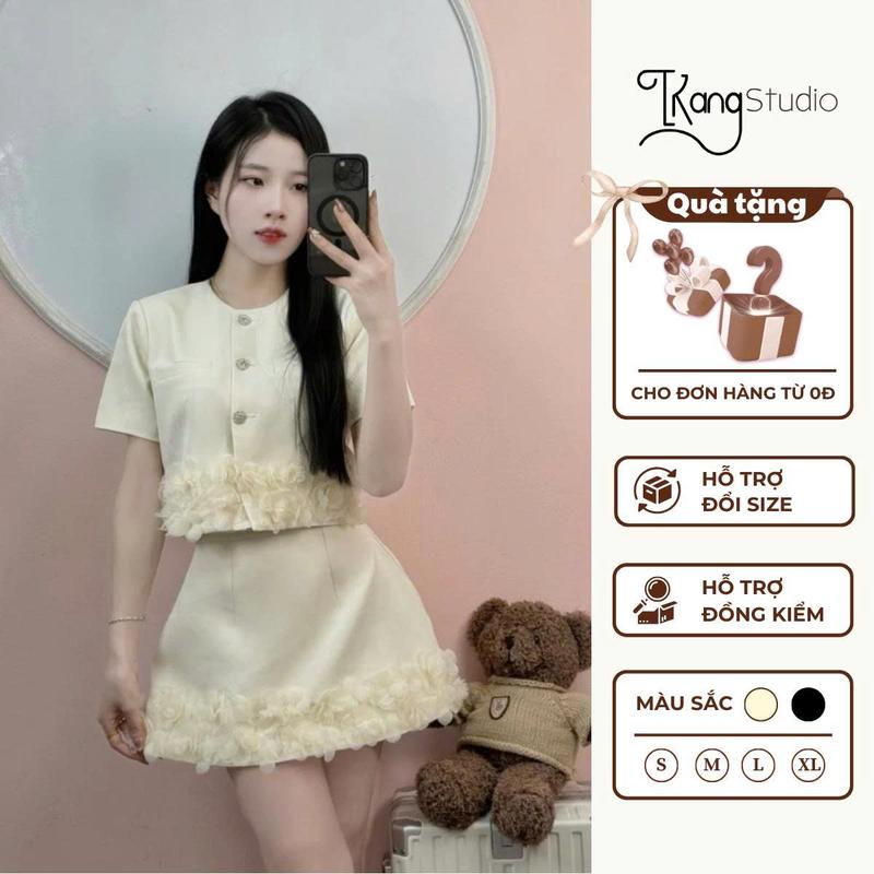 [CÓ BIGSIZE] KangStudio - [M100]Set Áo Croptop Chân Váy A, Phối Hoa Bèo, Đính Cúc Đá, Tiểu Thư Sang Chảnh - Set Xinh Tuổi 18