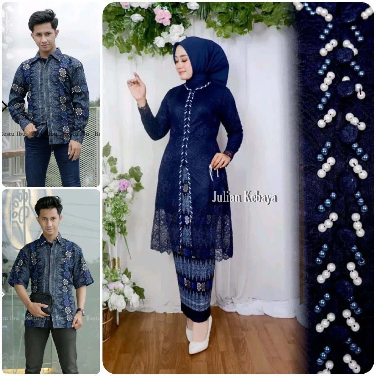 Couple Setelan Kebaya Brukat Payet dan Kemeja Batik Ayah Anak Motif Toraja Navy Baju Ibu Wanita Keluarga Sarimbit Pasangan Kondangan