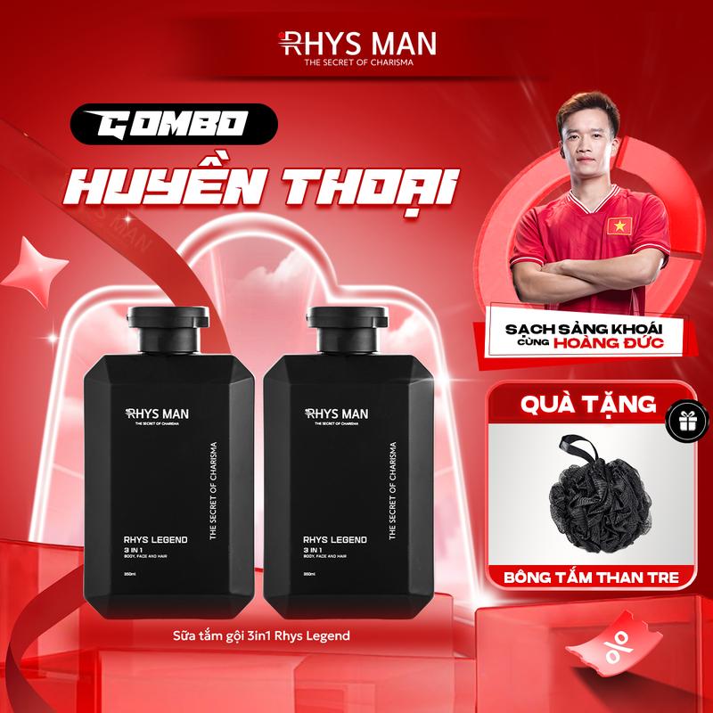 Combo Huyền Thoại RHYS MAN - Sữa tắm gội nam 3in1 Rhys Legend 350ml | Tặng 1 set Hộp & Túi Dưỡng Thể