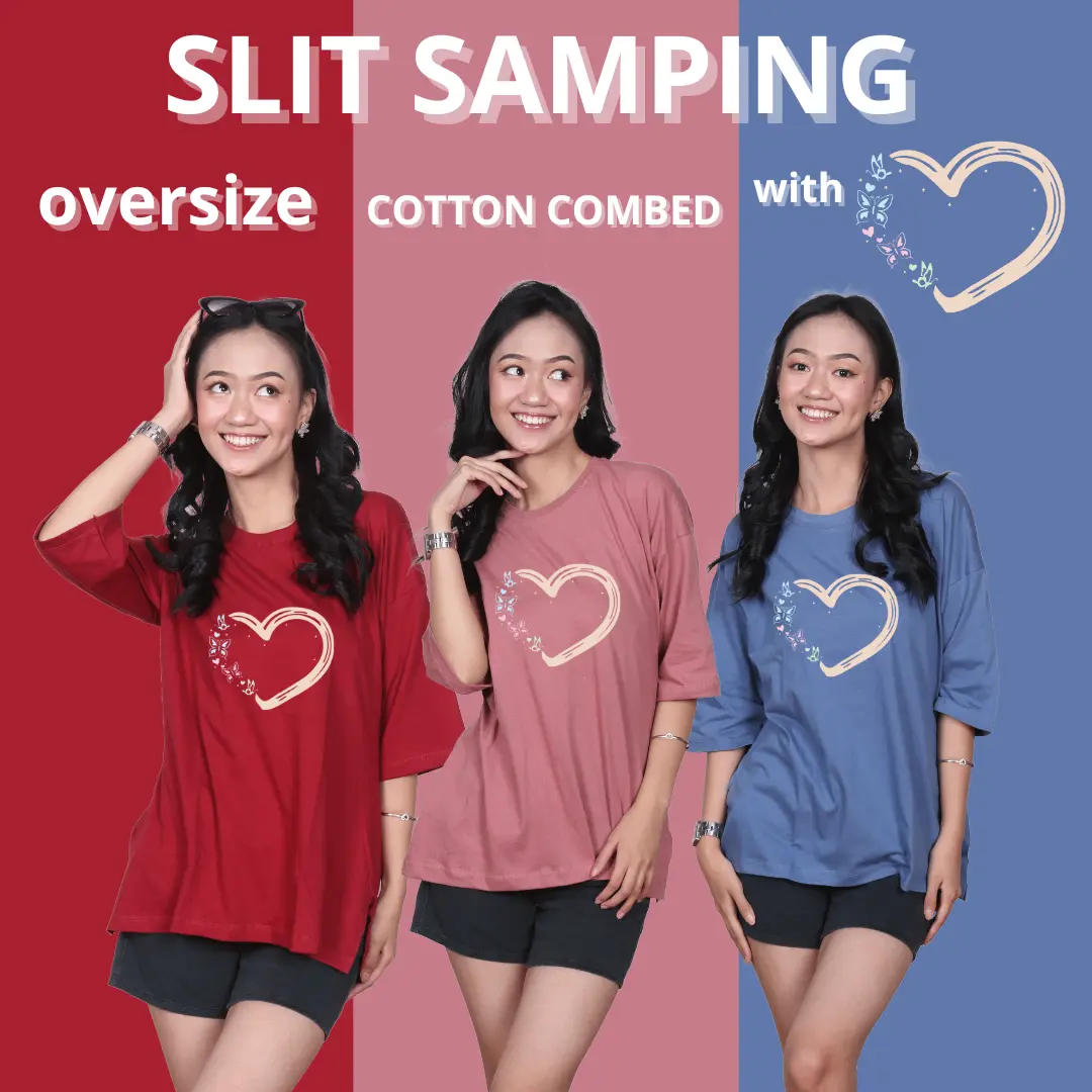 Lookit - Kaos Atasan Baju Oversize Wanita Slit Samping With LOVE BUTTERFLY Soft Cotton Combed Nyaman Santai Casual