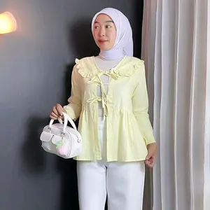 Blouse Ruffle Korea Kerah Lebar - Atasan Wanita Aesthetic Lengan Panjang kain Linen Cantik