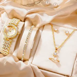 5PCS Set Jam Tangan Wanita Dengan Anting Kalung Gelang Cincin Gelang Ceruk Berlian Imitasi Kupu-Kupu Tali Baja