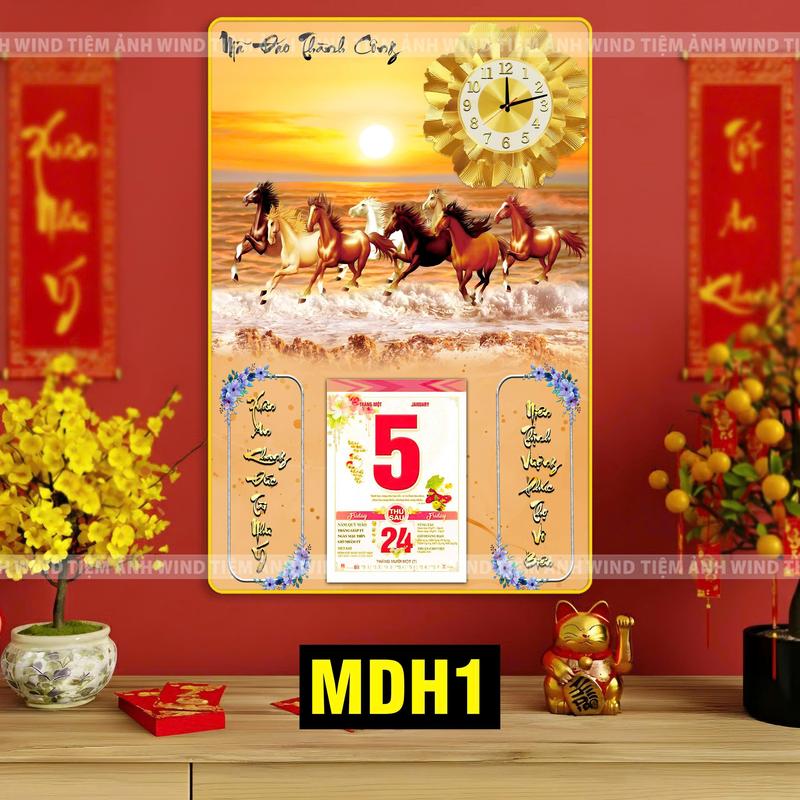    Lịch 2026 + Kèm Đồng Hồ   Tranh 3IN1 Xem giờ  xem ngày  trang trí phong thủy _  Tranh gỗ tráng gương cao cấp mạ viền vàng sang trọng 