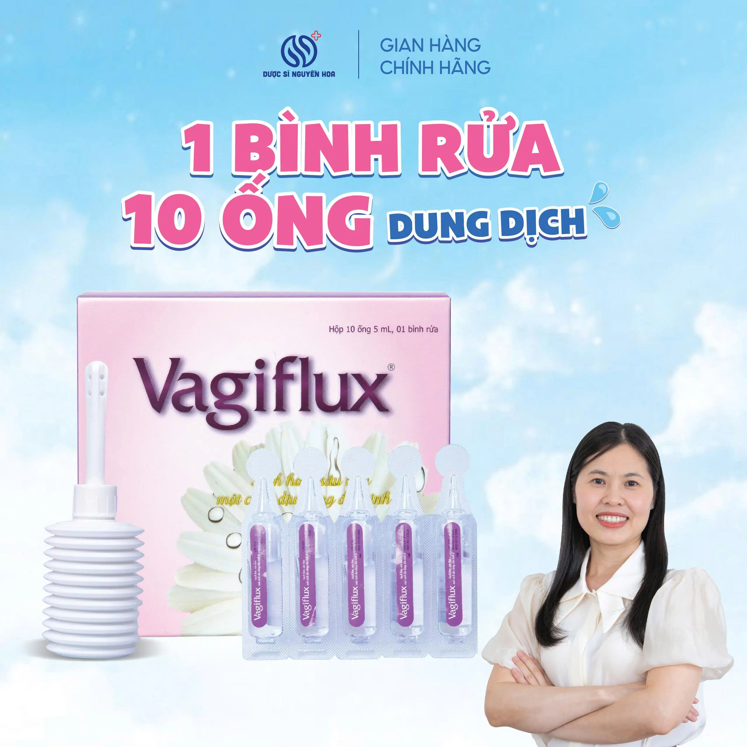 [Che tên] Combo Ống Muối Vệ Sinh Phụ Nữ VAGIFLUX  Kèm Bình Rửa vệ sinh phụ nữ