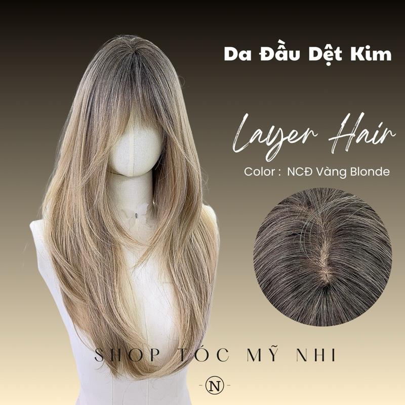 Tóc Giả Mỹ Nhi Cúp Layer Mái Thưa Hàn Quốc Chân Tóc Đen Nhuộm Ombre Vàng Blonde c-dk-0906 Da Đầu Dệt Kim rẻ ngôi được
