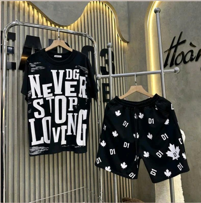B004 Bộ quần áo cộc unisex nam nữ Never-D2 áo phông in họa tiết Never mix quần đùi gió 2 lớp in D2 lá phong
