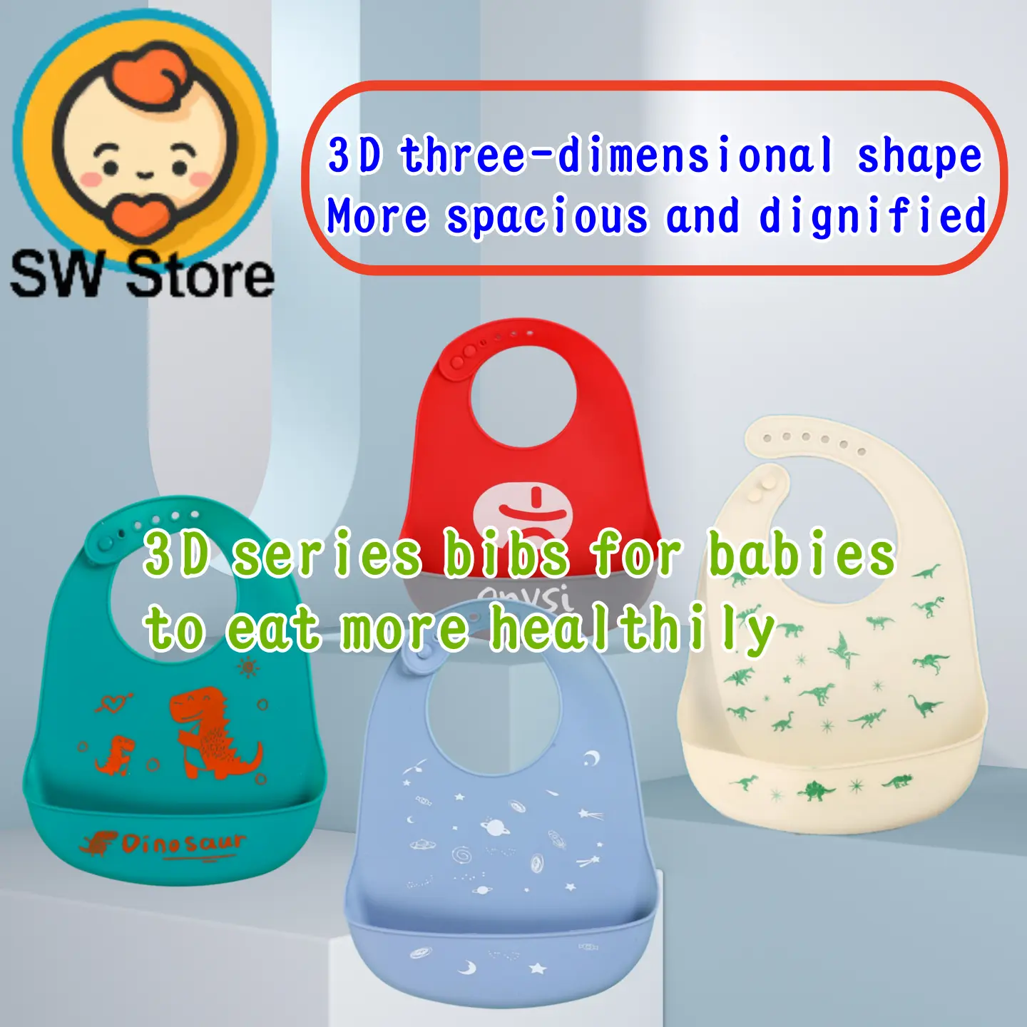 SW Kids New baby silicone bib waterproof baby food bib children's bib large saliva bib no wash rice bib sw506