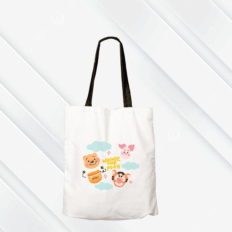 Tas Totebag Anak Lucu DTF Putih- WINNIE THE POOH  Semi Canvas 28cm x 38cm Motif lucu 3