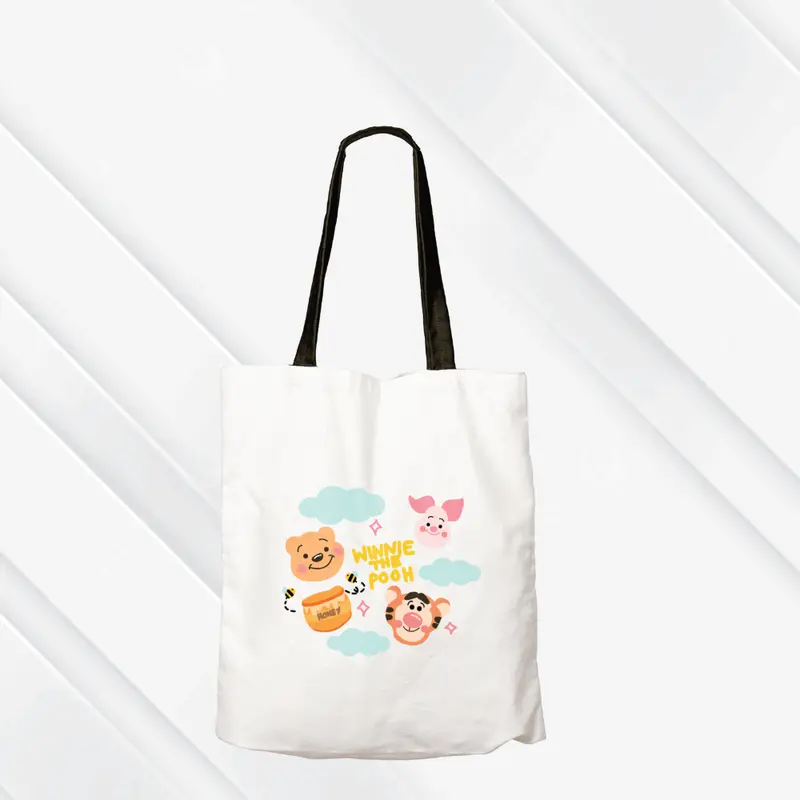 Tas Totebag Anak Lucu DTF Putih- WINNIE THE POOH  Semi Canvas 28cm x 38cm Motif lucu 3