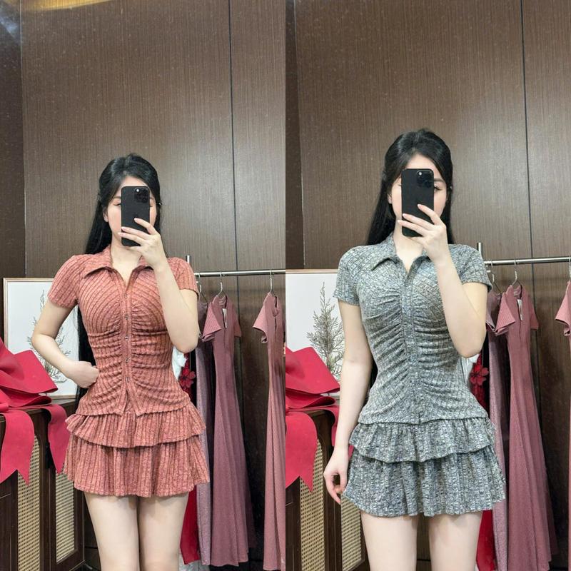 (C20) Set thiết kế hai món áo sơ mi form tôn dáng chiết eo + chân váy xếp ly form xoè tầng vải mềm co dãn tốt đi chơi đi làm đều đẹp by Thương Lê C20