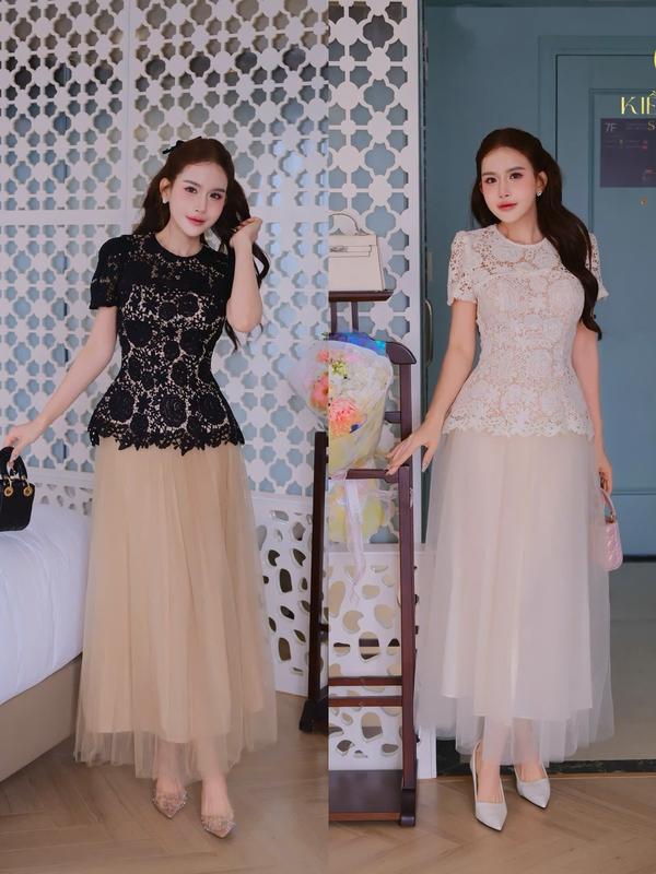 [Kiều Linh]-Set Váy Dự Tiệc Thiết Kế Áo Rời KL547 chất liệu Ren Hoa Thêu phối chân váy Lưới, 2 Lớp Lót, Giấu Đường May