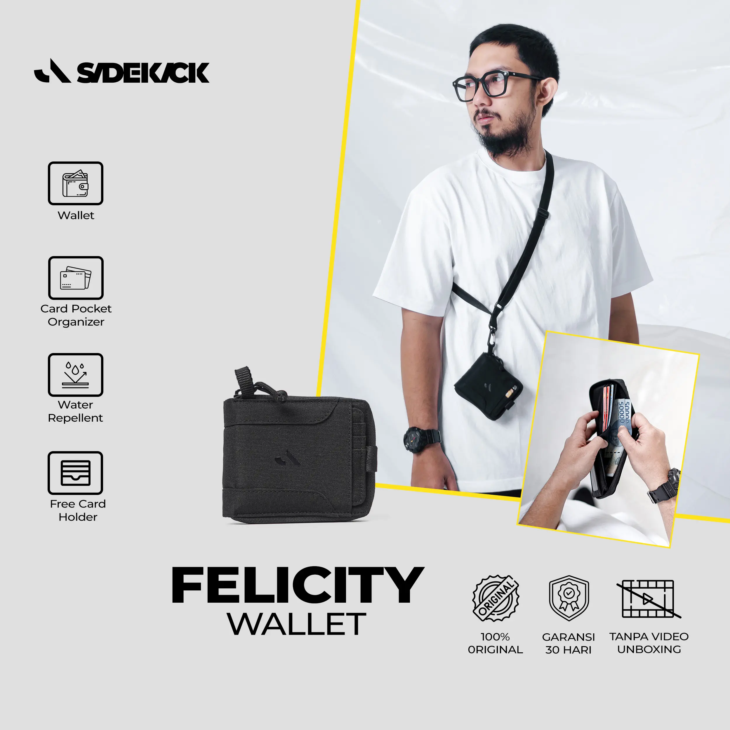 Dompet Gantung Leher Kartu Hitam Sidekick Project FELICITY Pria dengan 2 Cash Organizer dan 9 Pocket Kartu
