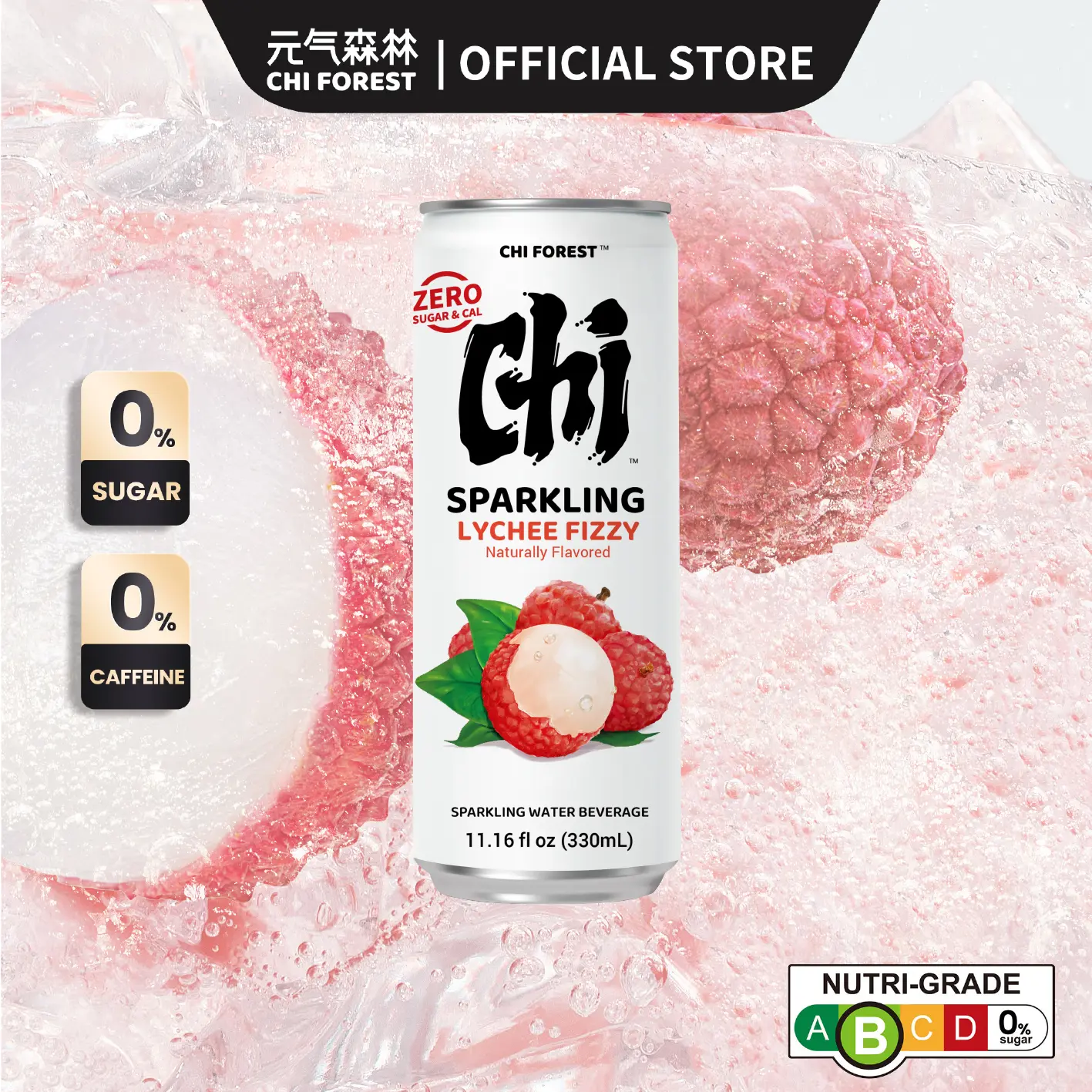 Chi Forest Sugar Free Soda Sparkling Water Lychee Fizzy 330ml (Can Drinks)