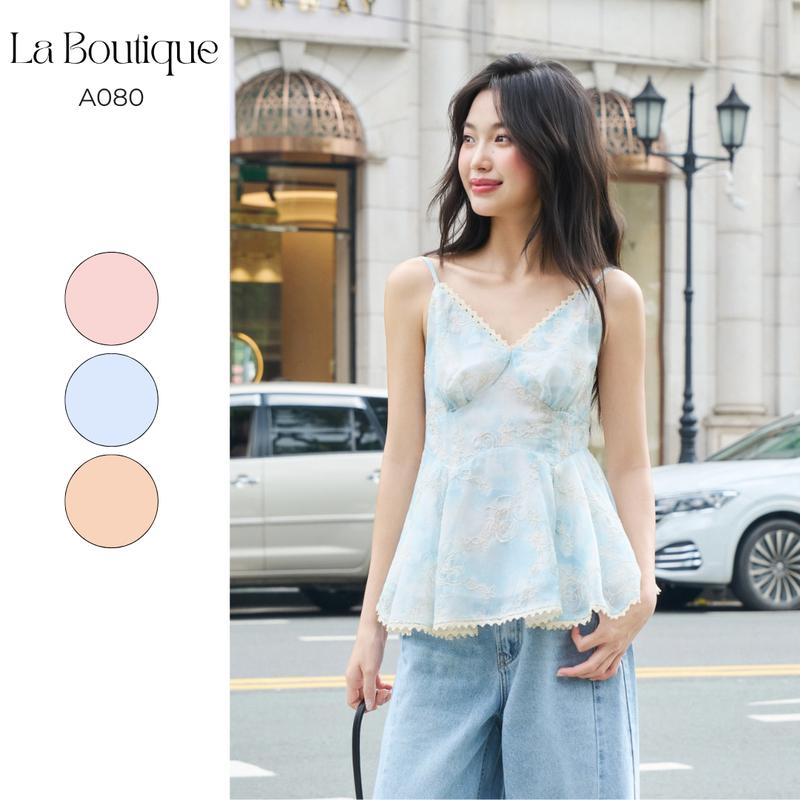 LA BOUTIQUE - Áo Babydoll 2 Dây Tùng Xòe Vải Loang Màu Thêu Hoa-A080