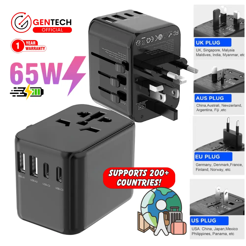 (SG)  GenTech 65W Universal Travel Adapter USB Type C A Ports | For EU UK AU US CN Japan Plug | International Adaptor Wall Charger Plug Voltage Converter Multi Power