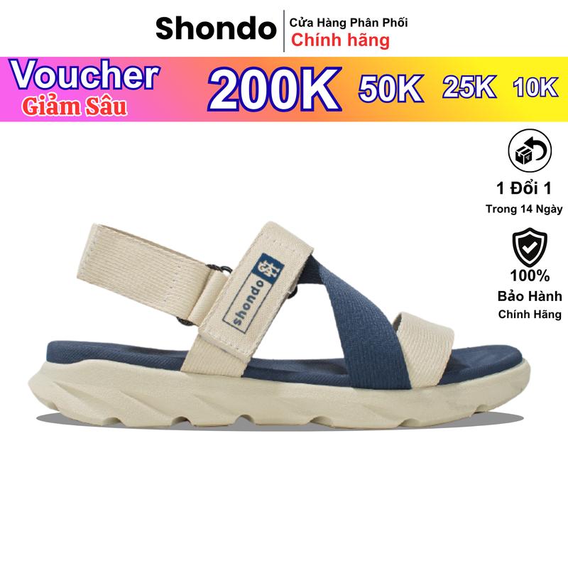 Giày Sandals Nam Nữ Shondo F6 Sport Đế Be Quai Be Xanh F6S2525 Đế Bằng
