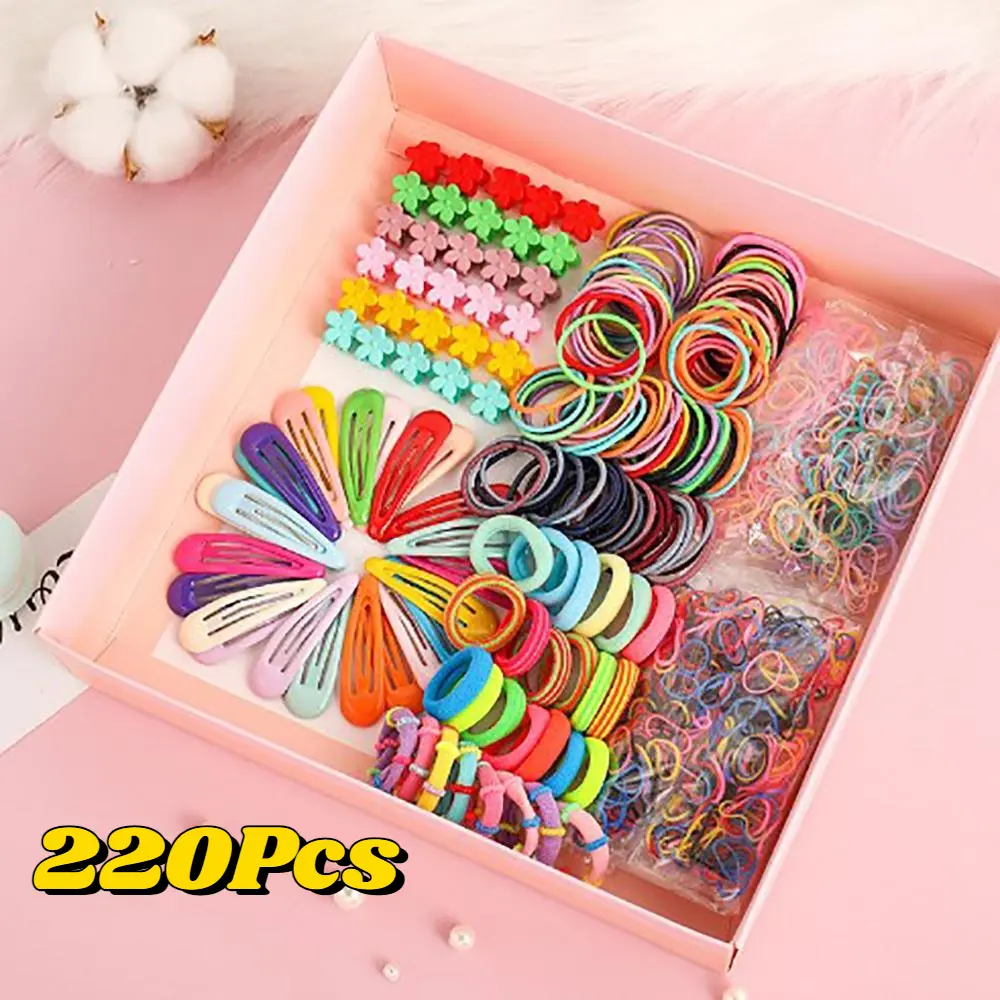220Pcs Kids Hair Clips Candy Color Girls Hair Clips Rope Set Ponytail Holder Kids Hair Accessories Not Including Gift Box