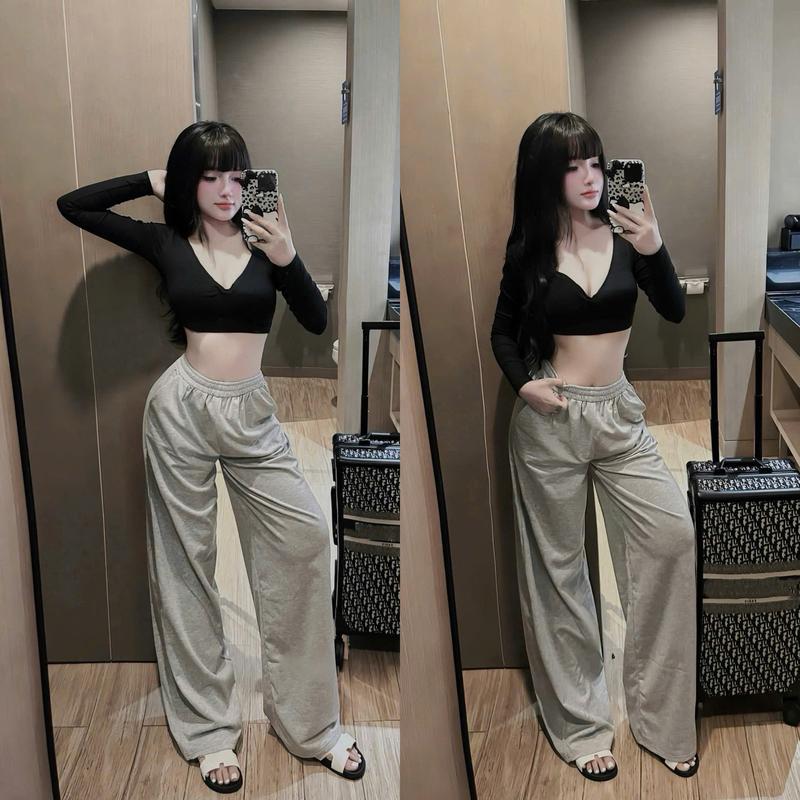  Sét bộ   Áo + Quần   áo Croptop dài tay cổ chữ V sang chảnh cá tính Hot Trend Mix Quần dài ống rộng tôn dáng xinh xắn Đi chơi duyên dáng - Dành Cho Nữ + TOP WOMEN 