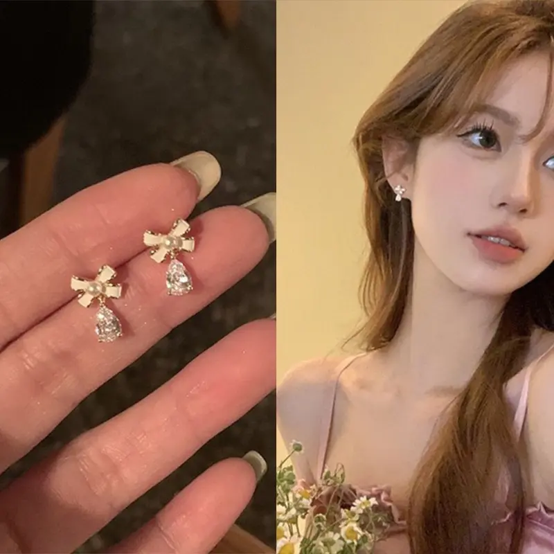 Korean Version Of The Bow Pearl Zirconia Earrings Female Gold Color Cute Student Holiday Gifts