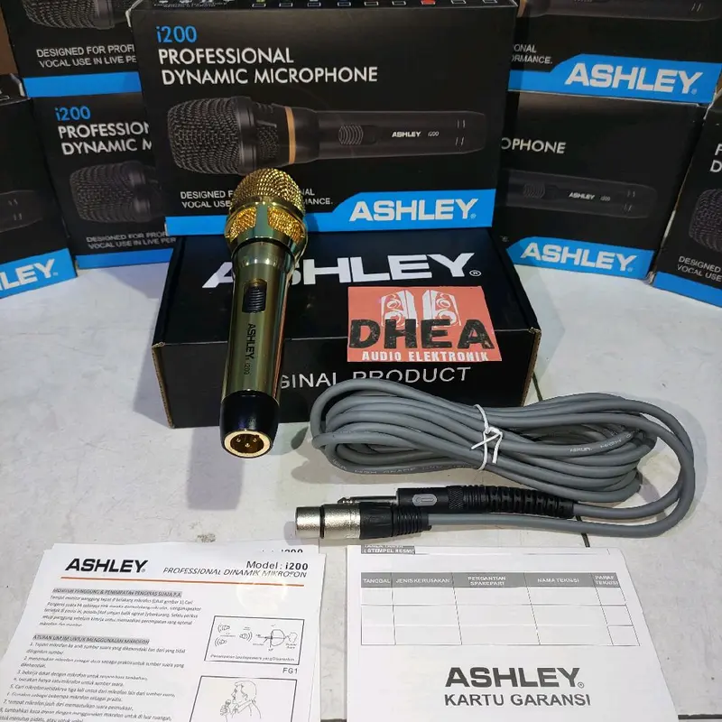 Mic Dynamic Kabel Ashley i200 i 200 Original Mik Vokal Kabel i-200 Ashley Microphone Wire Cable ASLI ORI Ashley Suara Detail Jernih WARNA Gold / Krem Body Mic Besi High Quality 8