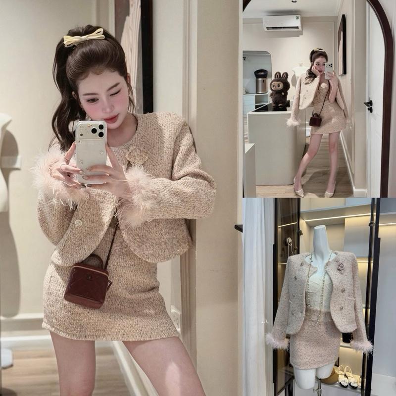 DAILY01 set thiết kế dạ tweed hồng phấn phối lông tay sang chảnh thanh lịch may 3 lớp dày dặn cv chữ A tôn dáng . Thời trang thu đông