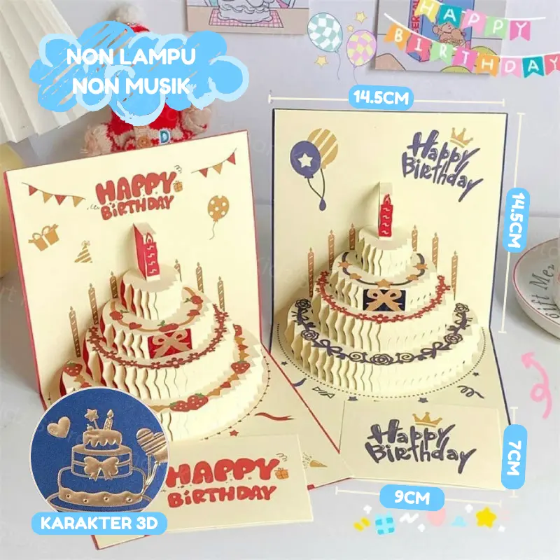 Non Led Kartu Ucapan Bentuk Kue Ulang Tahun 3D Happy Birthday Card Buku