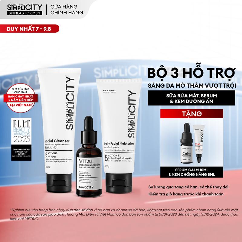 Bộ sản phẩm hỗ trợ sáng da, mờ thâm cho nam Men Stay Simplicity Brightening Trio gồm Sữa rửa mặt 100g, Serum Vital 30ml & Kem Dưỡng Ẩm 80g