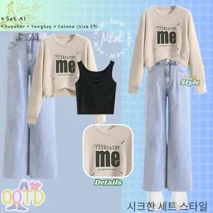 One Set Outfit Remaja Sweater Tangtop Wanita Celana Loose Pant Korean Style OOTD Hangout CS015 Setelan Casual Baju Panjang Bawahan Kulot Denim Nyaman Atasan Soft Outer Sablon Oversize Hitam Crinkle Airflow Kancing