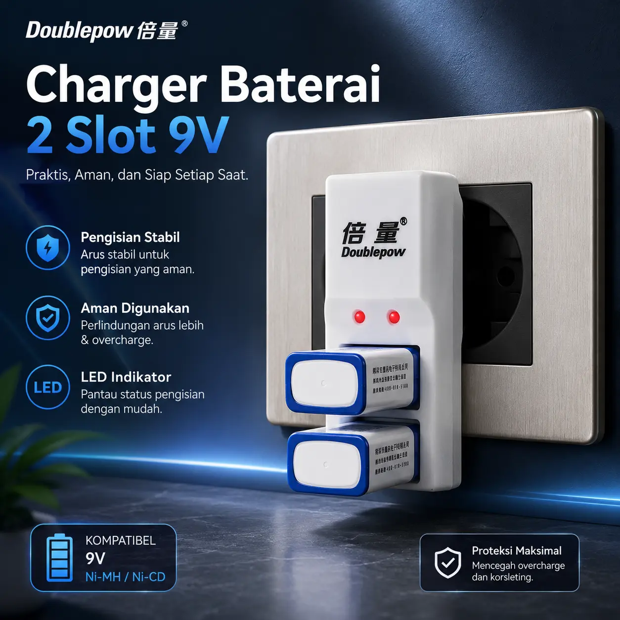 Doublepow Charger Baterai 2 Slot 9V Ni-MH with LED - DP-B09
