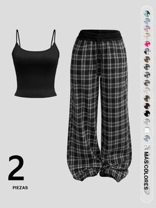 Conjunto de Dos Piezas para Mujer con Top Corto Liso y Pantalones con Estampado Completo de Cuadros, Casual y Cómodo para Uso Diario y al Aire Libre, Ropa de Dama para Todas las Estaciones, Trajes