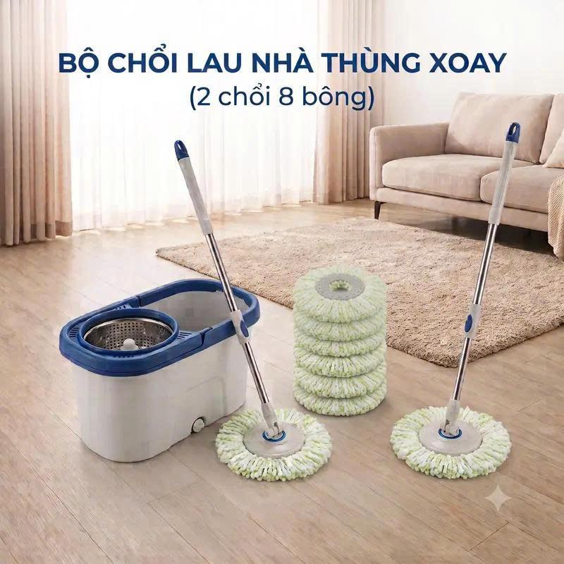 Bộ Cây Lau Nhà 360 Độ Xoay Thông Minh 1 thùng 2 chổi và 8 bông lau, Bông Lau Tròn Kèm Thùng Có Bánh Xe