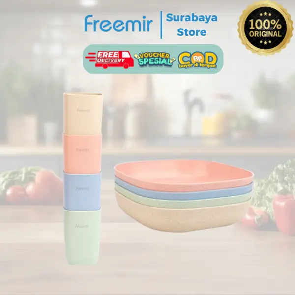 (Bisa COD) freemir Set Piring + Gelas  Piring Saji Hidangan Makanan Cemilan Food Grade Kitchenware Serbaguna Alat Dapur Unik 0