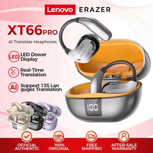 Fon Telinga Tanpa Wayar, Lenovo-ERAZER-XT66-PRO-AI-Translator, Bluetooth-Earphone, Terjemahan Masa Nyata Pintar, Fon Telinga Terbuka, Dengan Paparan LED, Alat Dengar Sukan, Dengan Mikrofon, Kalis Air IPX5, Bluetooth 5.4